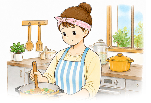 保冷剤を手ぬぐいで包んで首元を冷やしています。汗が顔に落ちるのも防げるので、暑い日の料理中に欠かせないアイテムです