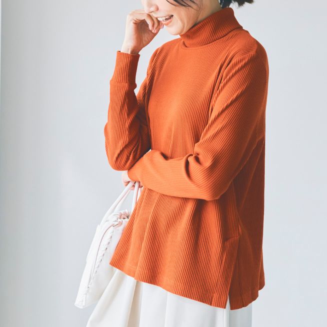 綿混あったかタートルネックリブカットソー