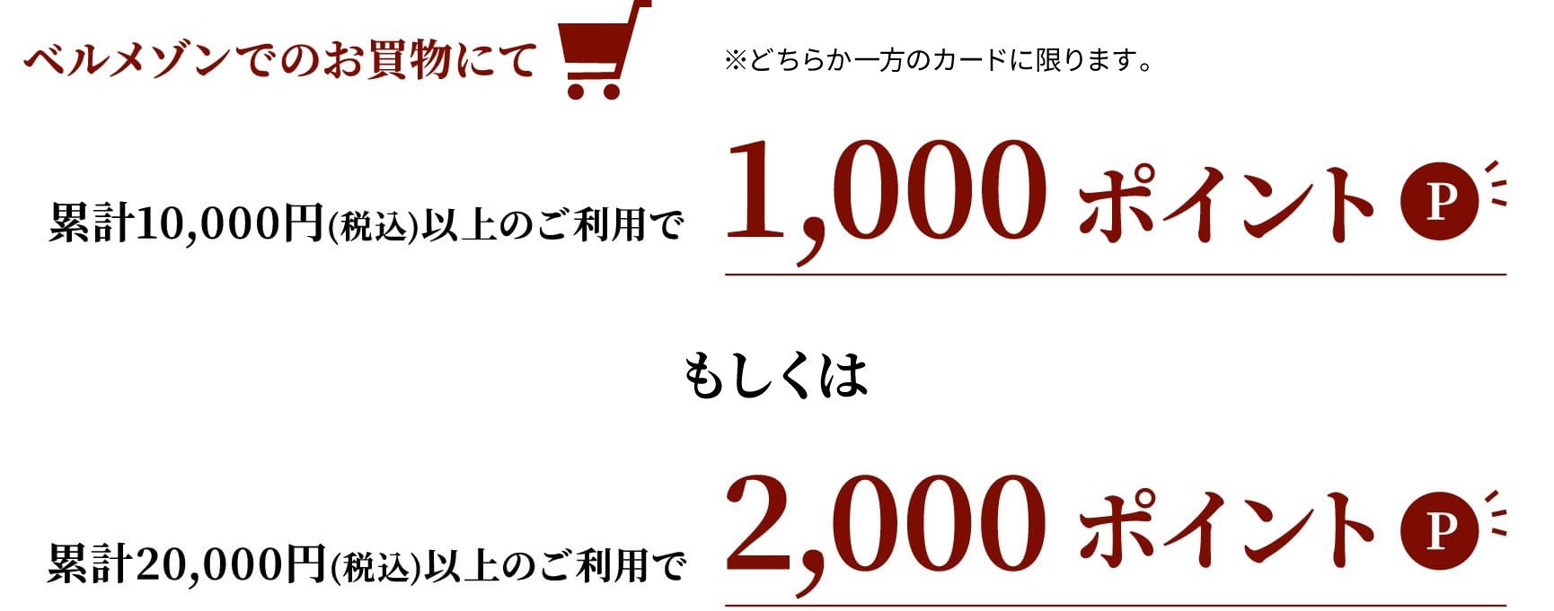 ベルメゾンでのお買物にて累計10,000円(税込)以上のご利用で1,000ポイント、累計20,000円(税込)以上のご利用で2,000ポイント