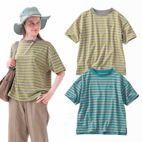 ワンポイント刺繍のワイドボーダーTシャツ／コトリ 「ミニラボ」
