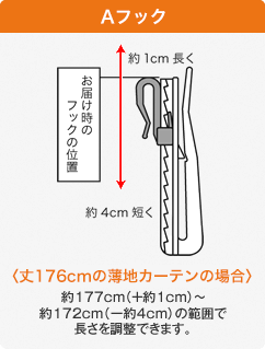 Aフック 〈丈176cmの薄地カーテンの場合〉約177cm（＋約1cm）～約172cm（ー約4cm）の範囲で長さを調整できます。