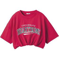 裾バルーンへそ出しクロップド丈サテンワッペン綿素材半袖Ｔシャツ