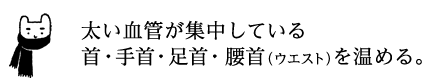 太い血管が集中している首・手首・足首・腰首（ウエスト）を温める。