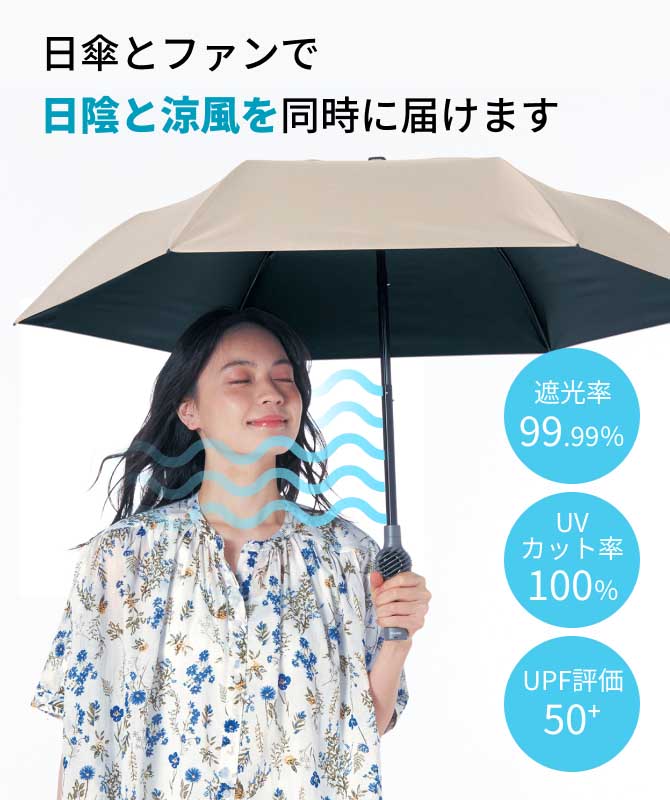 日傘とファンで日陰と涼風を同時に届けます